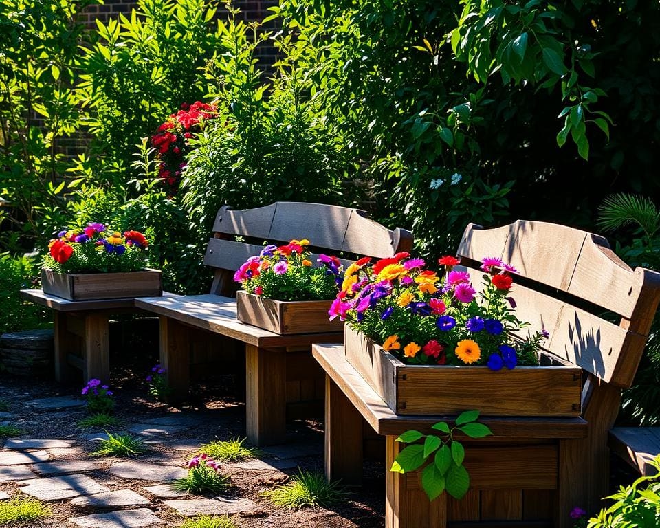 Holzbänke mit Blumenkästen: Doppelte Funktionalität für den Garten