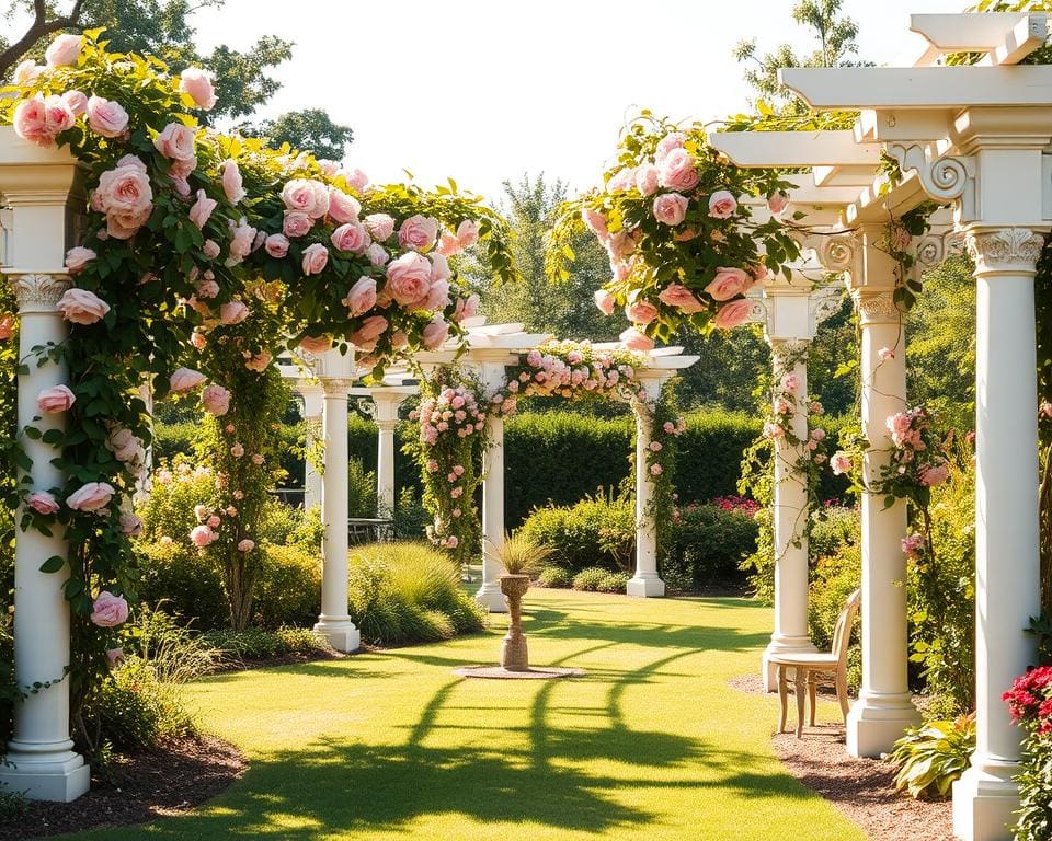 Pergolen mit Kletterrosen für romantische Gartengestaltung